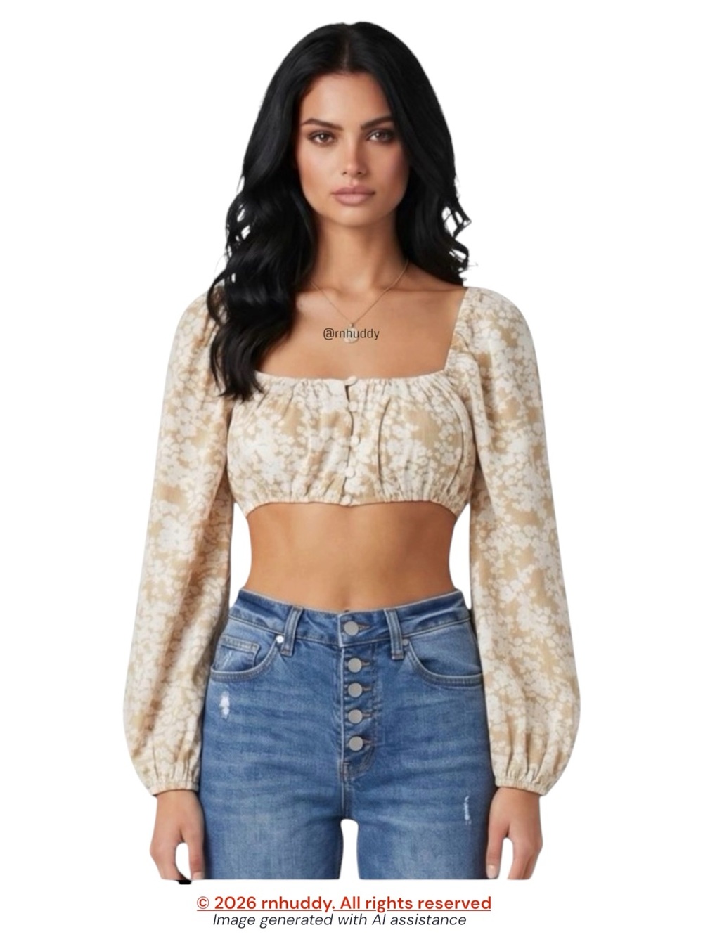 Sabo Skirt L tan ivory balloon sleeve crop top